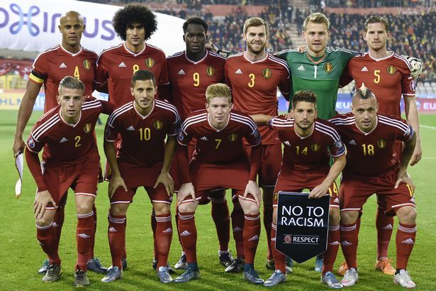 A seleção belga de futebol antes da partida de qualificação para o Euro 2016 entre contra Israel no Estádio King Baudouin, em 13 de outubro de 2015 em Bruxelas